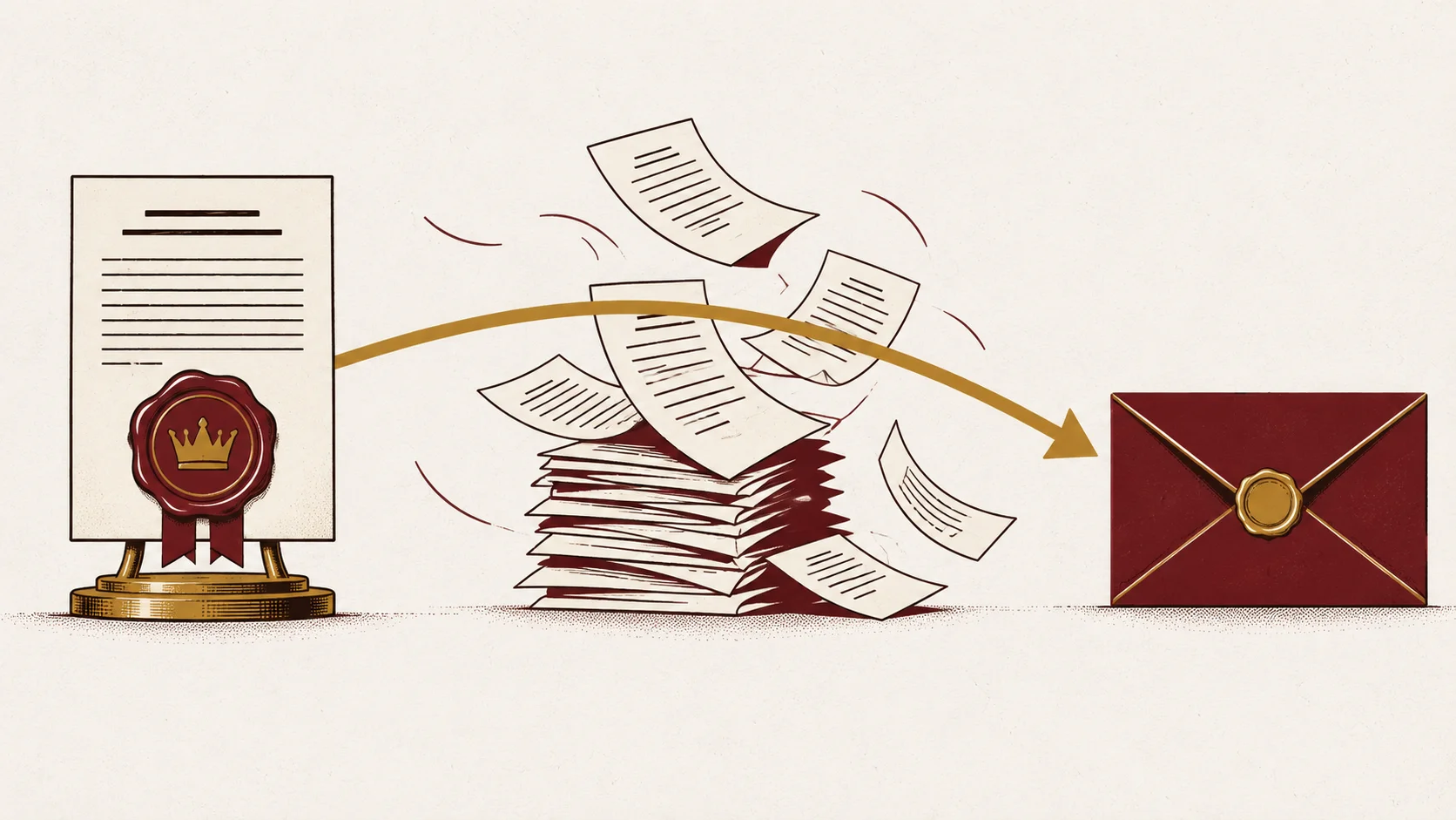 A sealed document standing on a gold plinth, a loose pile of identical pages scattering beside it, and a gold arrow running from the sealed copy past the pile to a closed envelope.