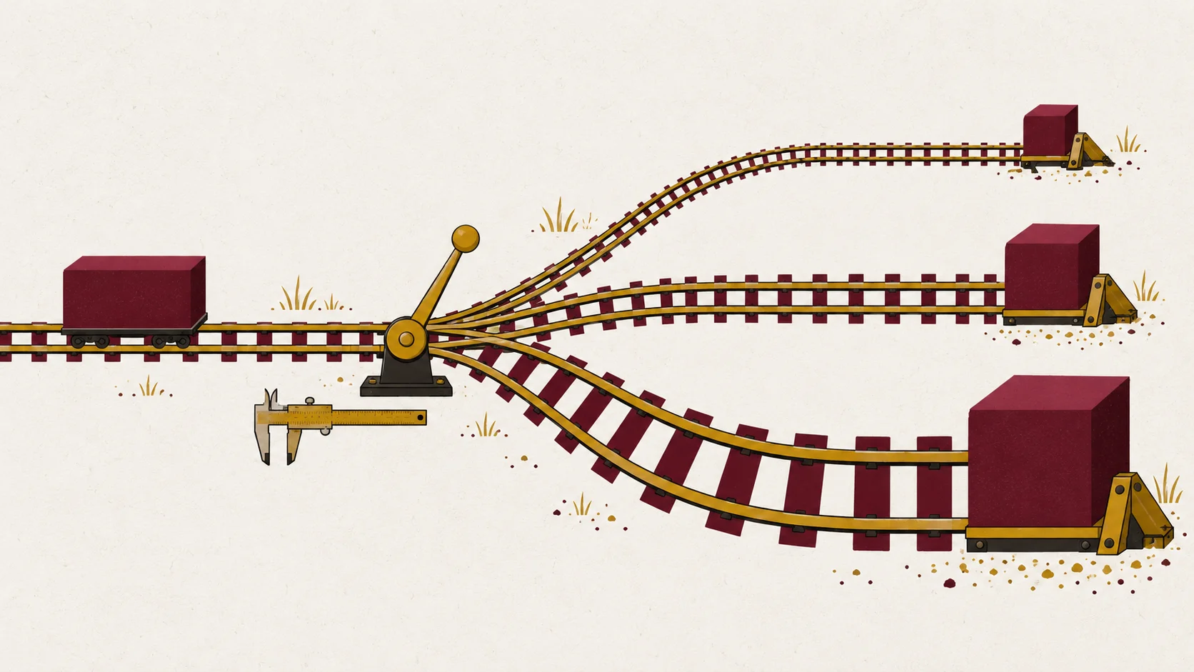 A rail switch sending one incoming wagon down three tracks of different sizes, each ending at a differently sized block, with a caliper gauge beside the switch lever.