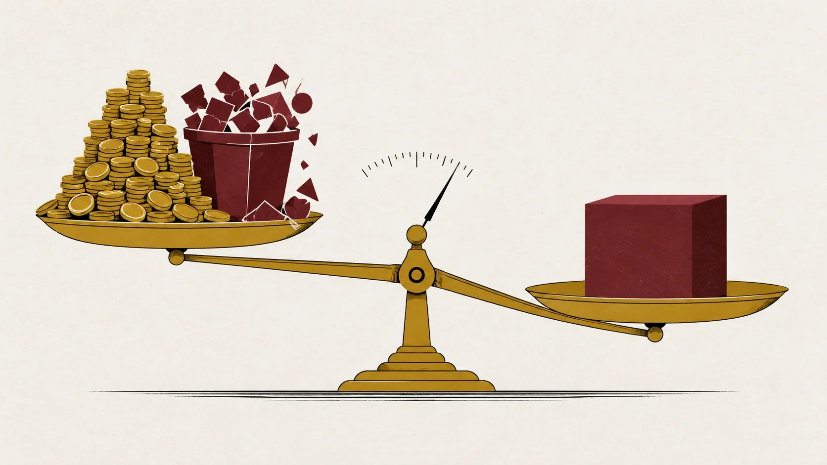 A balance scale whose left pan holds a tall heap of small gold coins beside a garnet bin overflowing with broken shards, outweighed by a single solid garnet block on the right pan.