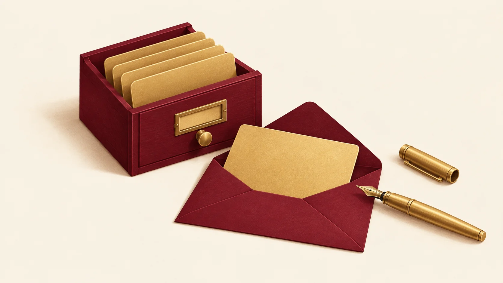 A garnet card-file box holding a row of gold index cards, with one gold card lifted out and set into an open garnet envelope beside an uncapped gold fountain pen