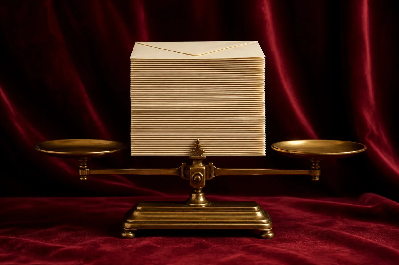 A brass letter scale beside a short stack of cream envelopes.