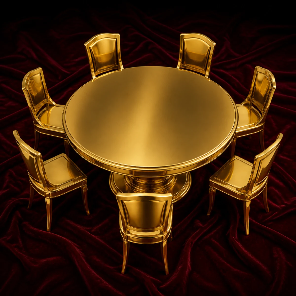 A gold round table of seven seats on garnet fabric