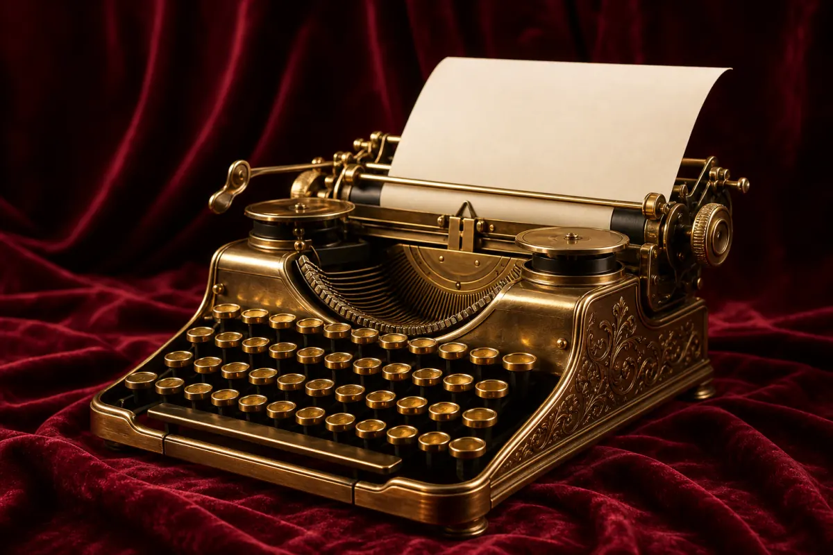 A gold typewriter representing a portable written hand-off