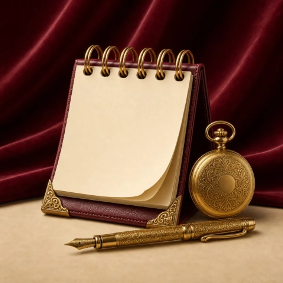 A gold notepad, fountain pen, and pocket watch on garnet fabric