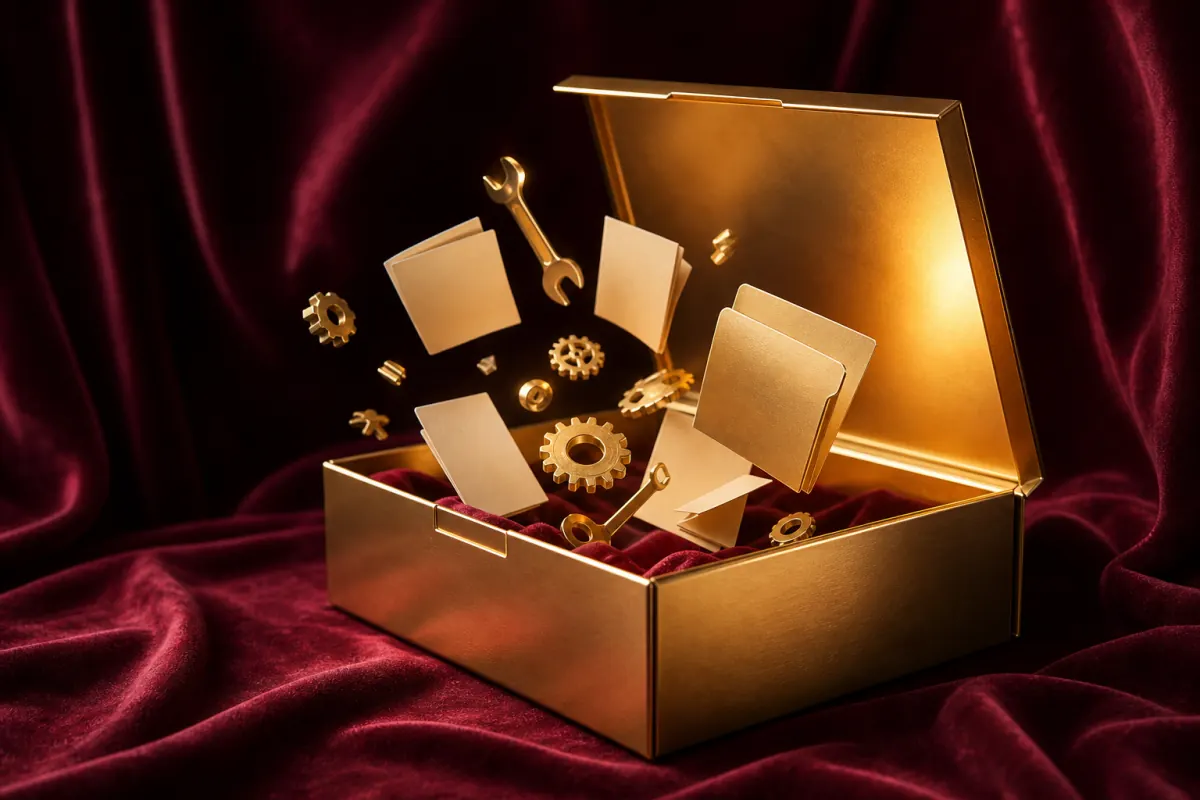 A gold toolkit opening with folders and operational parts