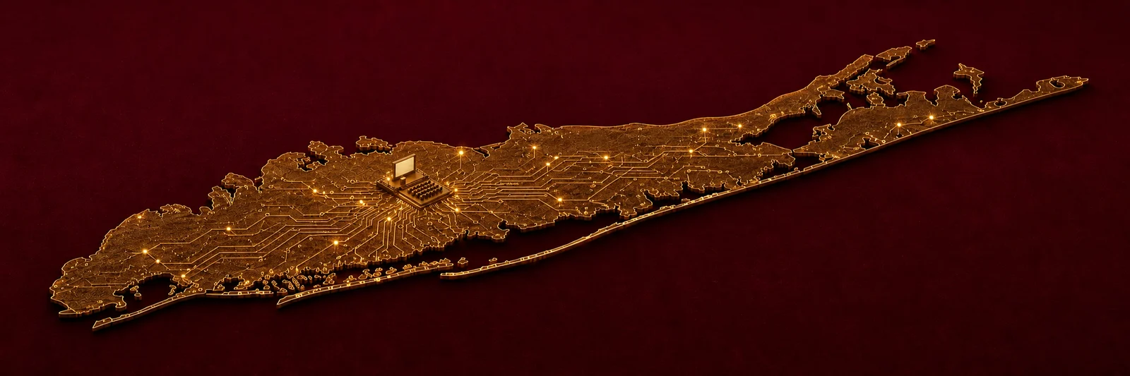 Long Island rendered as a gold circuit board, its traces branching across the island to a small lit computer at Melville