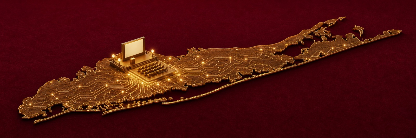 A gold circuit-board map of Long Island with connected points and a central workstation